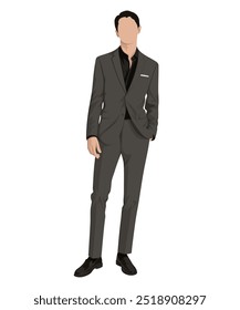 Vector illustration of a man in a gray suit with a black shirt underneath. Formal and elegant style