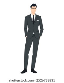 Vector illustration of a man in a gray suit with a black shirt underneath. Formal and elegant style