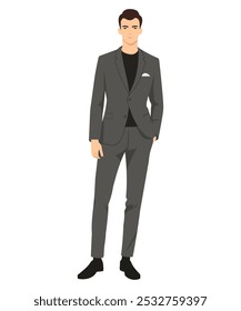 Vector illustration of a man in a gray suit with a black shirt underneath. Formal and elegant style