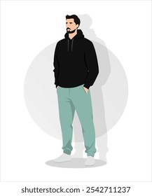 Ilustração vetorial. O homem de capuz verde e calças pretas parece inabalável e confortável. O vestido é adequado para andar ou uso diário.