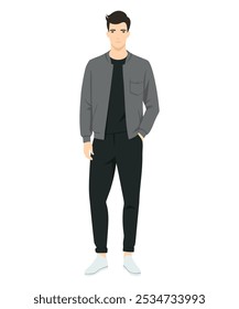Ilustración vectorial de un hombre con una chaqueta verde. Combinación sencilla pero elegante adecuada para un look urbano casual.