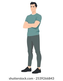 Vector illustration. A man in a green T-shirt and dark gray pants stands with his arms crossed. Restrained and confident image.