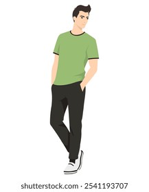 Ilustración vectorial. Un hombre con una camiseta verde y pantalones oscuros se para con las piernas cruzadas, dando a su Imagen confianza y facilidad. La Imagen es sencilla pero elegante, ideal para un ambiente informal.