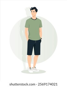 Vector illustration. A man in a green T-shirt and dark green shorts, standing on a soft pastel background.