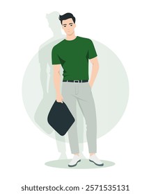 Vector illustration. A man in a green T-shirt and light gray pants. In hands, a black accessory bag. Light background with circular accents.