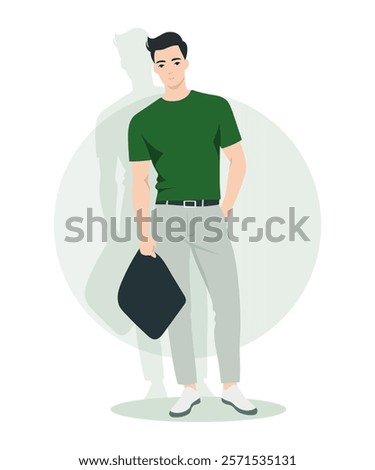 Vector illustration. A man in a green T-shirt and light gray pants. In hands, a black accessory bag. Light background with circular accents.