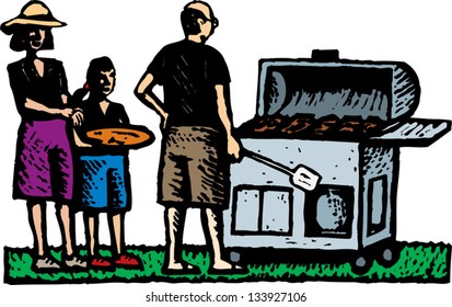 Vector illustration of man grilling on barbecue