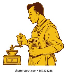 Vector illustration of man grinding coffee with old fashioned manual burr mill coffee grinder. vintage coffee ink drawing.
