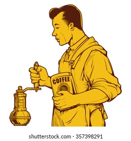Vector illustration of man grinding coffee with pepper grinders. vintage coffee ink drawing.