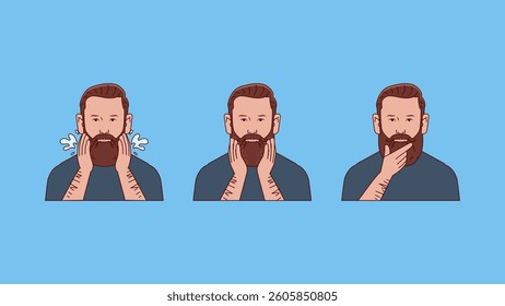 Vector illustration of a man grooming his beard. Beard care concept. Beard treatments: washing beard, giving oil and giving butter.