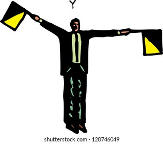 Vector illustration of a man guiding with flags