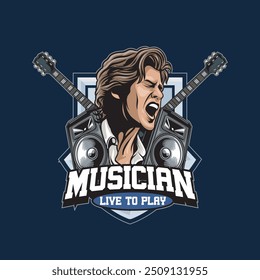 Vector Illustration of Man with Guitar and Active Speakers in Vintage Illustration Available for Tshirt Design