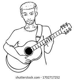 vector illustration man with guitar, line art