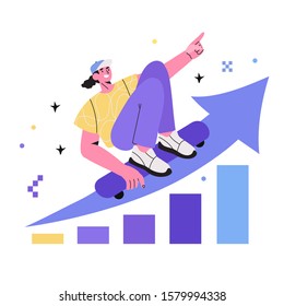 Vector illustration of a man or a guy on a skateboard riding on an arrow that shows statistic growth and rising rate isolated on a white background. Analytical service and business promotion concept.