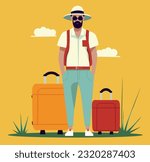 Vector illustration of a man guy in a summer hat a tourist on vacation on a trip with luggage suitcase on a yellow background flat illustration