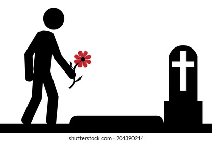 Vector , illustration. A man had bring a flower to grave. 