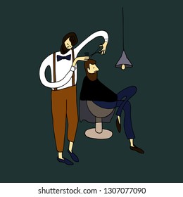 Vector illustration. Man at the hairdresser. Hairdresser makes the cut. Barber shop. Stylized people.