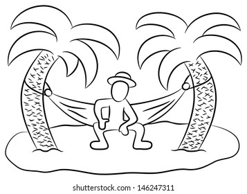 vector illustration of a man in a hammock on a small lonely island
