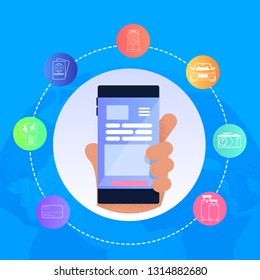Vector Illustration Man Hand Holding Mobile Phone. Online Service for Buying Plane Tickets, Visa, Passport Control, Hotel Booking, Car Rental for Travel, Camera, Luggage for Vacation. Blue Background