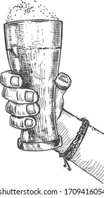 Vector illustration of a man hand holding a beer Weizen glass at the bar. Alcohol brew drink in vintage hand drawn engraving etching style.