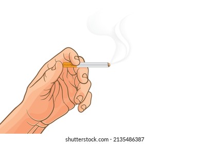 Vector illustration of man hand holding cigarette with smoke,copy space,isolated on white background.Health benefits,Good health without smoking,Smoking is bad for your health and loved ones.