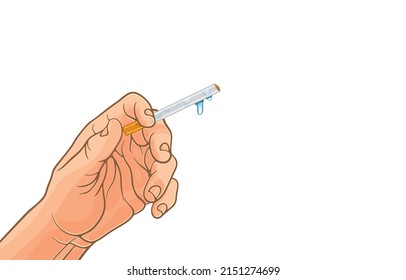 Vector illustration of man hand holding wet cigarette with yellow filters,raindrops,water droplets on cigarette,stop smoking,isolated on white,Good health without smoking,World No Tobacco Day.