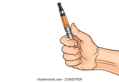 Vector illustration of man hand holding electronic cigarette,vaporizer,electric hybrid cigarette with a heating pad,tobacco heating system,on white.Good health without smoking,World No Tobacco Day.