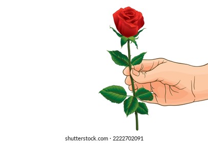 Vektorgrafik der Hand des Menschen, die helle rote Rose hält, der Mensch drückt Liebe zu jemandem aus, romantische Gefühle, glücklicher Valentinstag, einzeln auf Weiß.Elegante Blume natürliche Schönheit und Ausdrucksformen der Liebe.