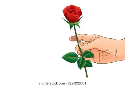 Ilustración vectorial de la mano del hombre sosteniendo una rosa de escarlata brillante sin espinas con vendaje adhesivo en el dedo índice lesionado, en blanco. La belleza de las flores elegantes es peligrosa, heridas causadas por el amor.