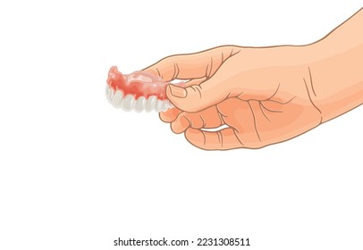 Ilustración vectorial de dentaduras de mano humana, dentaduras amovibles flexibles, dientes falsos, dentadura acrílica, odontología protésica, aislada en fondo blanco.Cuidado dental para una buena salud dental.