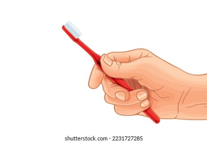 Ilustración vectorial de la mano del hombre sujetando un cepillo de dientes de plástico rojo brillante con cerdas limpias, dientes de cepillado, salud oral, aislado en blanco.Cuidado dental, buena salud dental, dientes de cepillo, mañana, tarde.