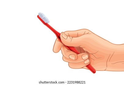 Ilustración vectorial de mano humana con cepillo de dientes de plástico rojo viejo, cepillo de dientes usado, cepillo de dientes muy usado, equipo de cuidado dental, aislado en fondo blanco.Atención de salud dental e higiene bucal.