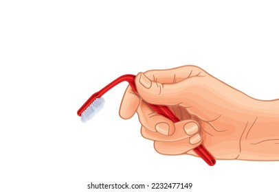 Vector illustration of man hand holding bent old red plastic toothbrush,broken toothbrush,bent bristles,heavily used toothbrush,isolated on white.Dental care,good dental health,brush teeth every day.