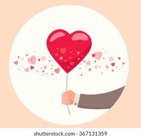 Vector illustration of man hand holding red balloon on white background. Art design for Valentine's Day greetings and card, web, banner, poster, flyer, brochure, print.  