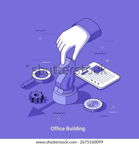 Vector illustration with man hand moving chess knight piece. Business strategy and planning concept. Management, leadership, success challenge for web. Thin line style
