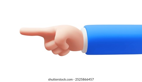 Vector illustration of man hand point gesture to left on white color background. 3d style design of fore finger point gesture male white skin hand in blue sleeve of business costume for web, banner