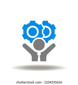 Vector illustration of man with hands up and gears mechanism over head. Icon of facilitator. Symbol of facilitation.