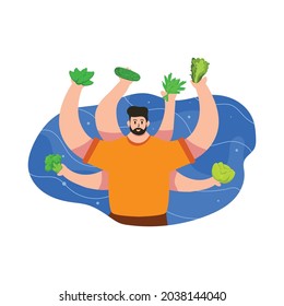 Vector illustration, man with lot of hands holding lot veggies background
