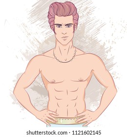 Vector illustration of a man with hands on hips. A man with a naked torso. The illustration on decorative grunge background in retro colors