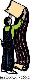 Vector illustration of man hanging wallpaper