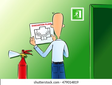 Vector Illustration Of A Man Hangs Up The Evacuation Plan For The Office Wall. Evacuation Plans And Fire Extinguish. Isolated Abstract Graphic Design Template.