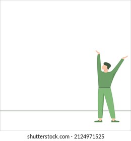 vector illustration of a man happily raise both hands, object design for template presentation