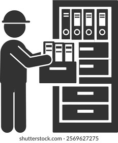 Vector illustration of a man in a hard hat standing next to a file cabinet.