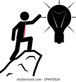 Vector / illustration. A man has climbed the mountain to obtain the light bulb.