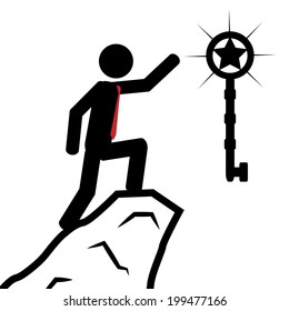 Vector / illustration. A man has climbed the mountain to obtain the key.