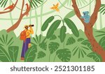 Vector illustration of a man in a hat and with a backpack holding binoculars observing wildlife in the jungle. The character is exploring animals and birds. Flat cartoon style.