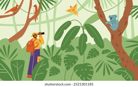 Vector illustration of a man in a hat and with a backpack holding binoculars observing wildlife in the jungle. The character is exploring animals and birds. Flat cartoon style.