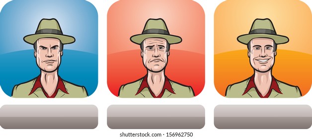 Vector illustration of man in hat face in three expressions: neutral, sad and happy - head and shoulders composition. Layered vector EPS10 format file.