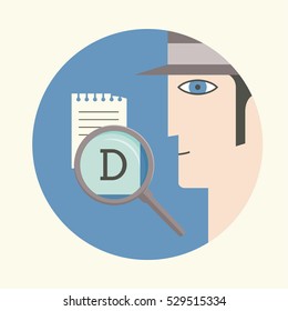 Vector illustration with man in a hat, magnifying glass and note. Symbol of ques. Icon for detective genre