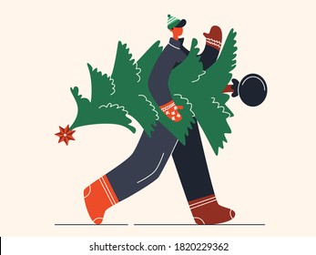 
Vector illustration. A man in a hat and mittens carries a Christmas tree in his hands.